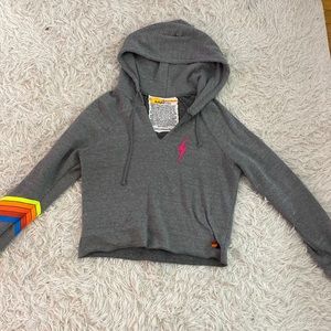 Aviator Nation cropped grey/neon chevron hoodie